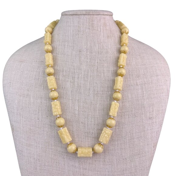 Unknown Jewelry - Hand Carved Bone Bead Necklace Womens Cream Carved Artisan Statement Jewelry